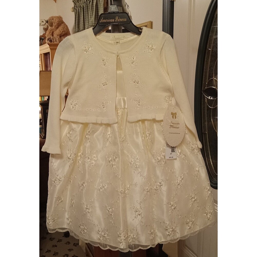 American Princess Girl's Ivory Chiffon Taffeta Formal /Party Dress Size 3/3T NWT